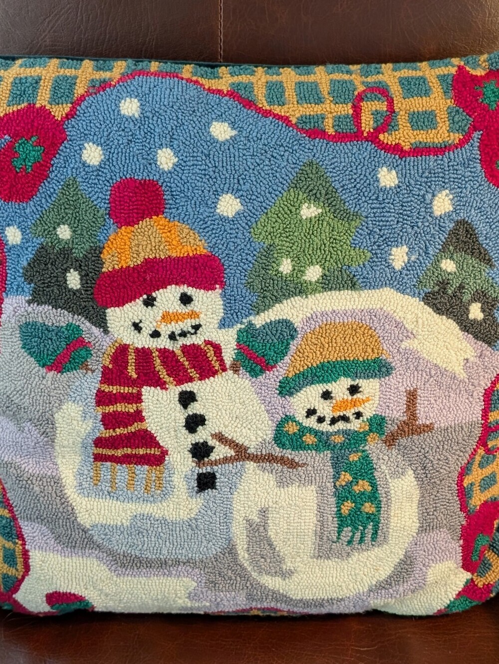Christmas Snowmen 1990s Hooked Wool Pillow